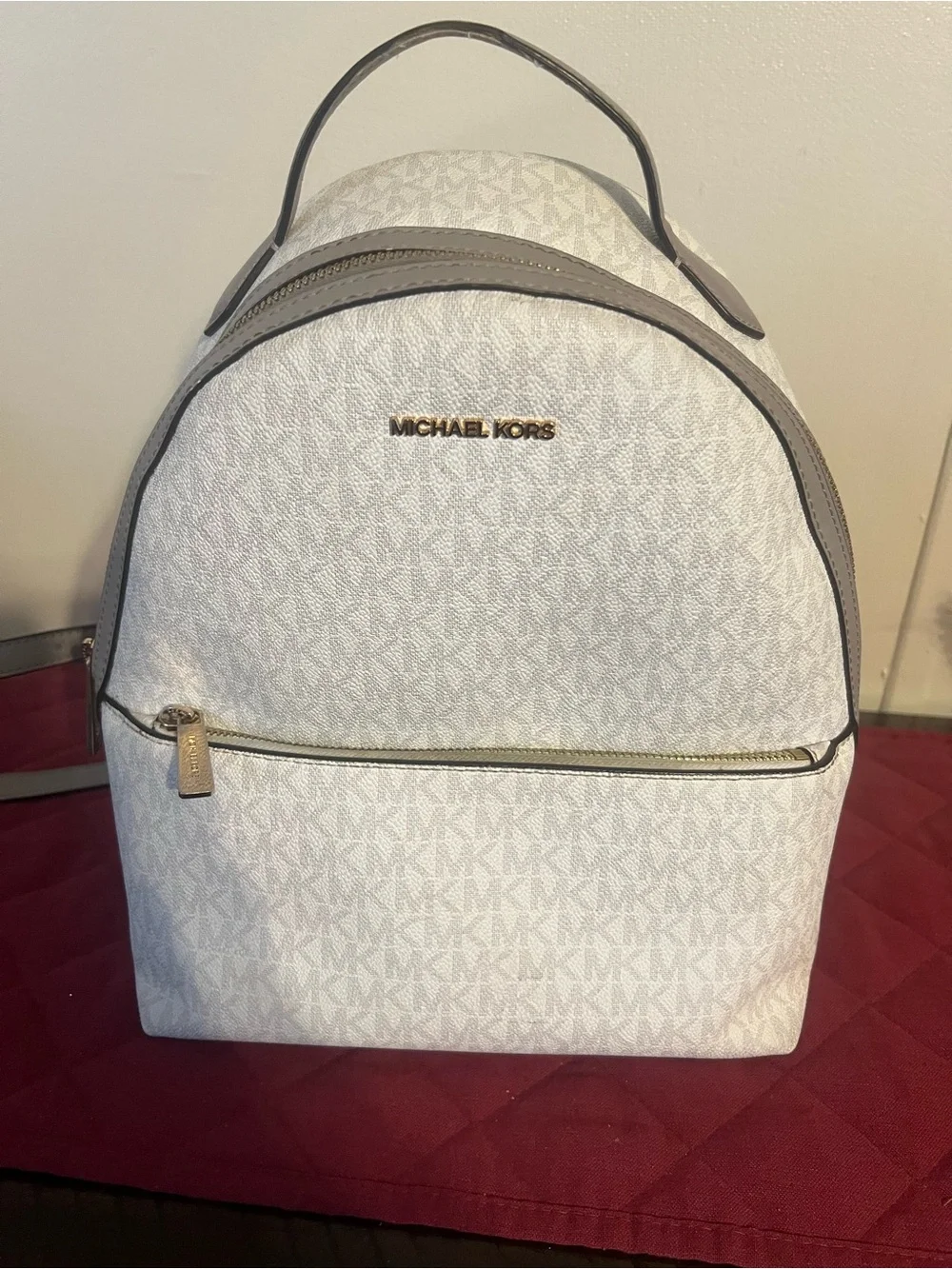 Michael Kors White Logo Backpack with Taupe Trim and Gold Hardware